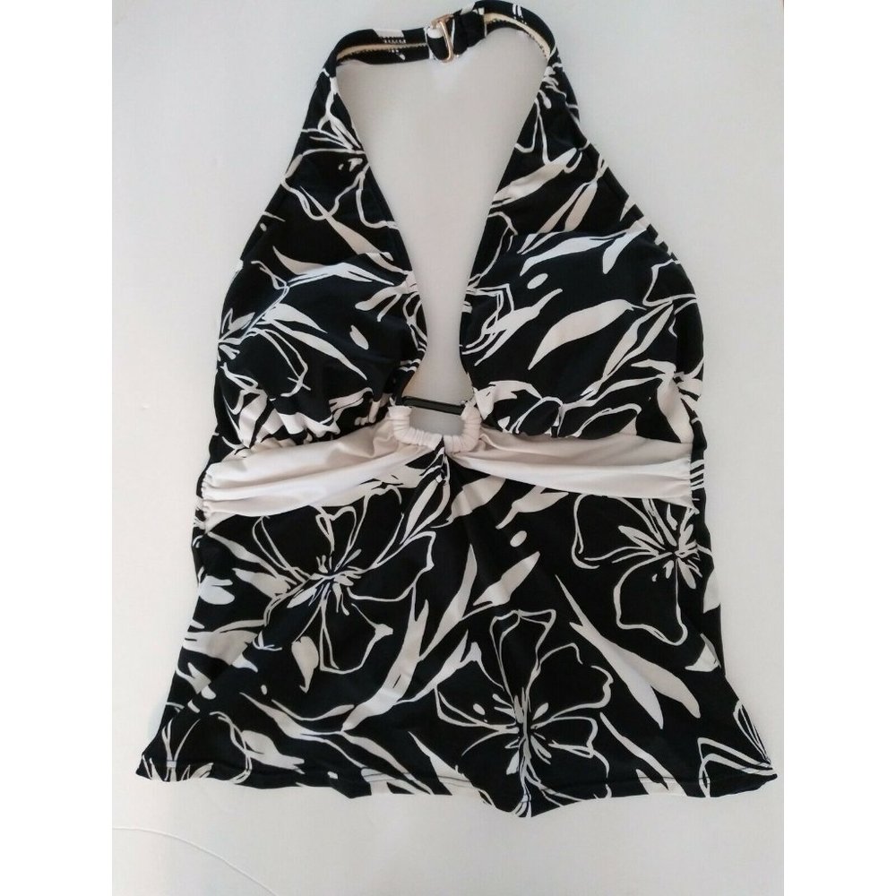 Caribbean Joe Black White Swim Bathing Suit Spa Padded Bra Tankini Top Size 14